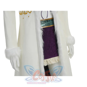 Lower front detail of Robin cosplay showing teal belt, purple fringe skirt, and white fur cuffs