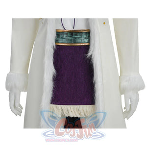 Mid-section detail of Robin cosplay showing fur-trimmed coat, teal crocodile belt, and purple skirt