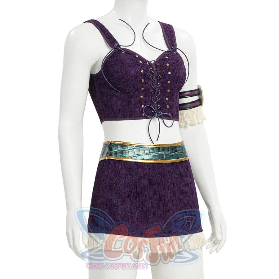 Side detail of Robin cosplay purple corset top, fringe arm cuff, teal belt, and purple mini skirt