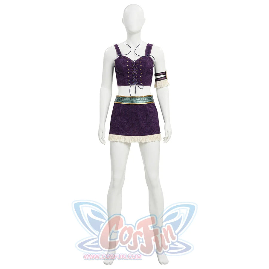 Front view of Robin cosplay purple corset top, arm ring, teal belt, and fringe mini skirt