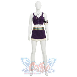 Front view of Robin cosplay purple corset top, arm ring, teal belt, and fringe mini skirt