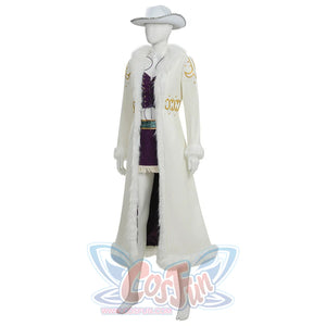 Side view of Robin cosplay outfit featuring white fur-trimmed coat, purple corset, and cowboy hat