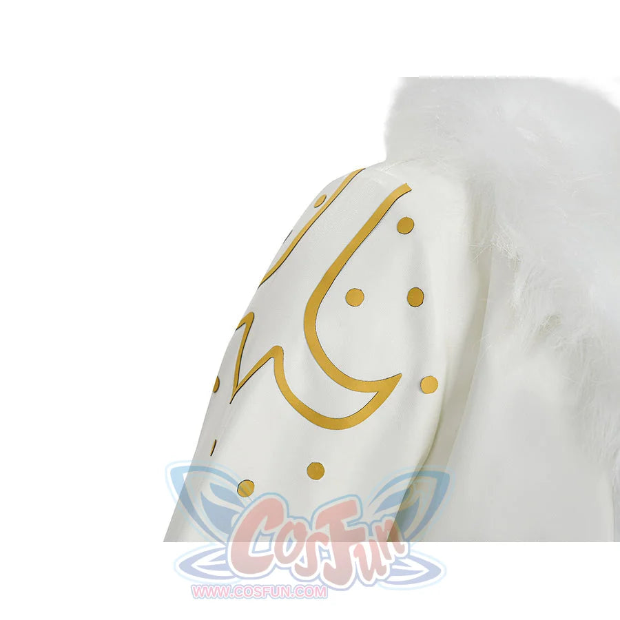 Extreme close-up of Robin cosplay coat sleeve with gold crescent moon and dot embroidery pattern