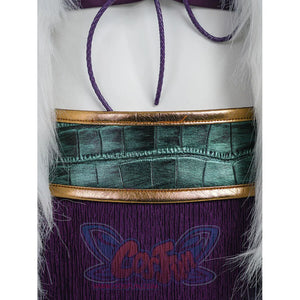 Close-up detail of Robin cosplay teal crocodile PU leather belt with gold trim and purple skirt