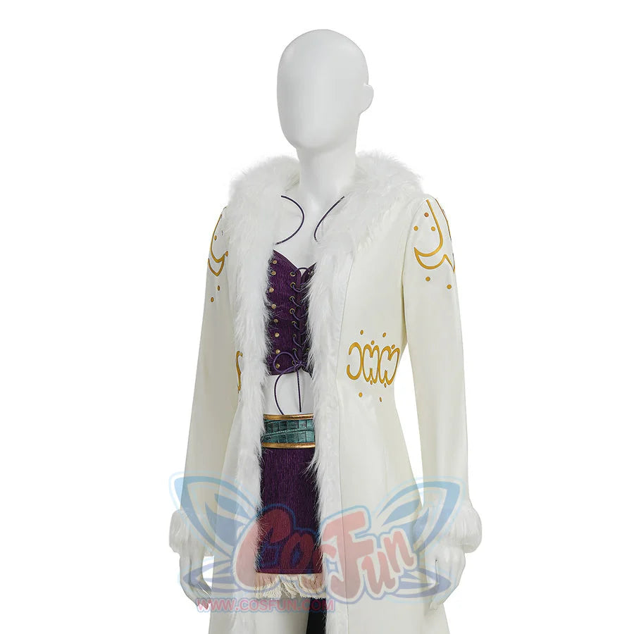 Upper body detail of Robin cosplay costume showing open white coat, gold embroidery, and teal belt