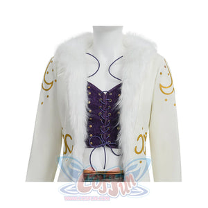 Close-up of Robin cosplay white coat showing fur collar, gold crescent embroidery, and purple corset