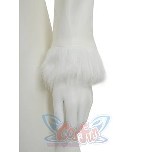 Close-up of Robin cosplay white coat's fluffy fox fur cuff trim detail on the sleeve end