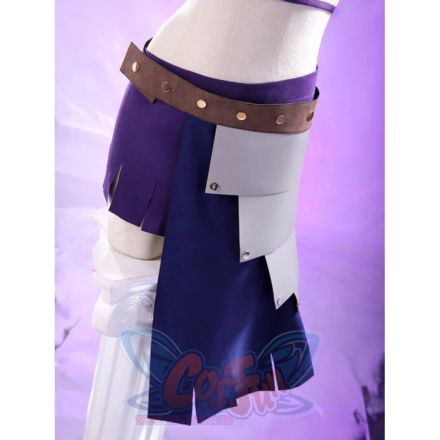 Robin cosplay close-up of dark purple skirt with studded brown leather belt and white side armor panel