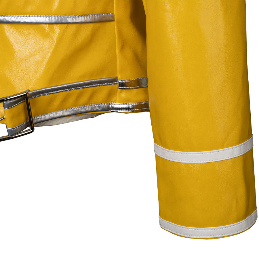 Rock Band Queen cosplay jacket sleeve cuff close-up showing white trim bands on yellow faux leather