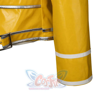 Rock Band Queen cosplay jacket sleeve cuff close-up showing white trim bands on yellow faux leather