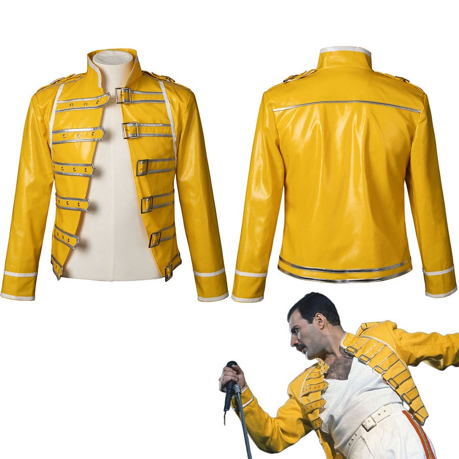 Rock Band Queen cosplay jacket featuring yellow faux leather with front and back view details