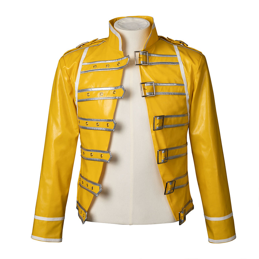 Rock Band Queen cosplay jacket in yellow faux leather with silver decorative straps and buckles