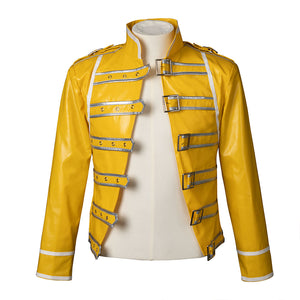 Rock Band Queen cosplay jacket in yellow faux leather with silver decorative straps and buckles