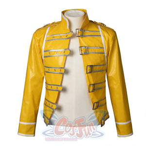 Rock Band Queen cosplay jacket in yellow faux leather with silver decorative straps and buckles