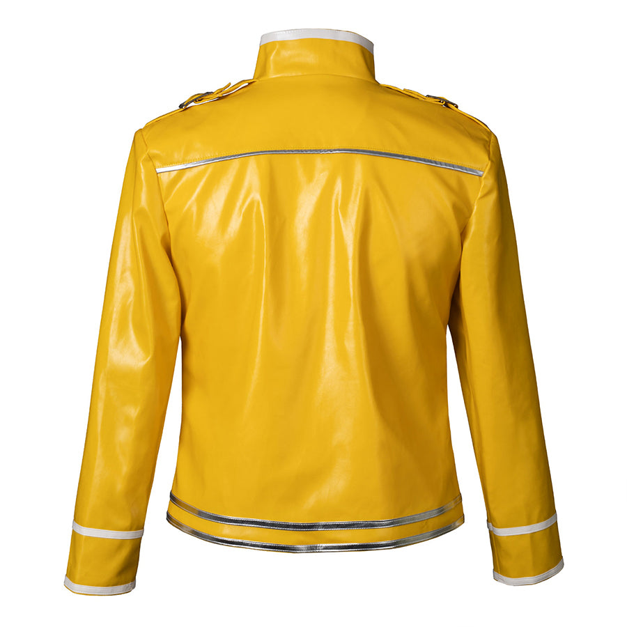 Back view of Rock Band Queen cosplay jacket in yellow faux leather with silver trim detailing