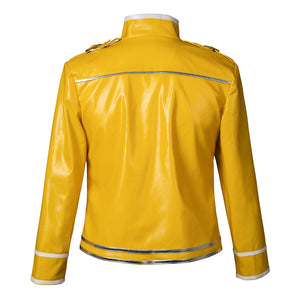 Back view of Rock Band Queen cosplay jacket in yellow faux leather with silver trim detailing