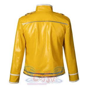 Back view of Rock Band Queen cosplay jacket in yellow faux leather with silver trim detailing