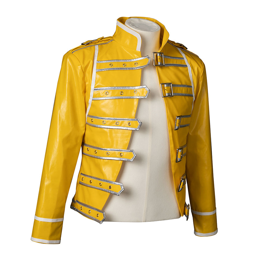 Rock Band Queen cosplay jacket angled view showing silver-trimmed straps across the yellow faux leather