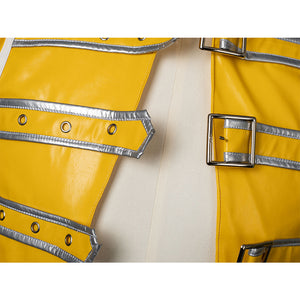 Detail of Rock Band Queen cosplay jacket front straps with silver-trimmed bands and metal buckles