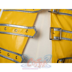 Detail of Rock Band Queen cosplay jacket front straps with silver-trimmed bands and metal buckles