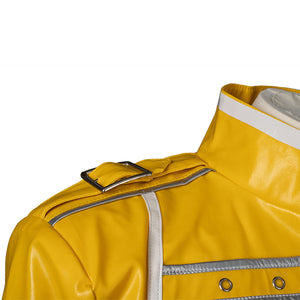 Close-up of Rock Band Queen cosplay jacket cuff with white trim and silver detailing on yellow faux leather