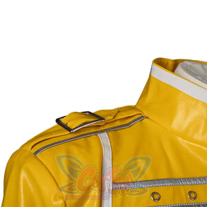 Close-up of Rock Band Queen cosplay jacket cuff with white trim and silver detailing on yellow faux leather