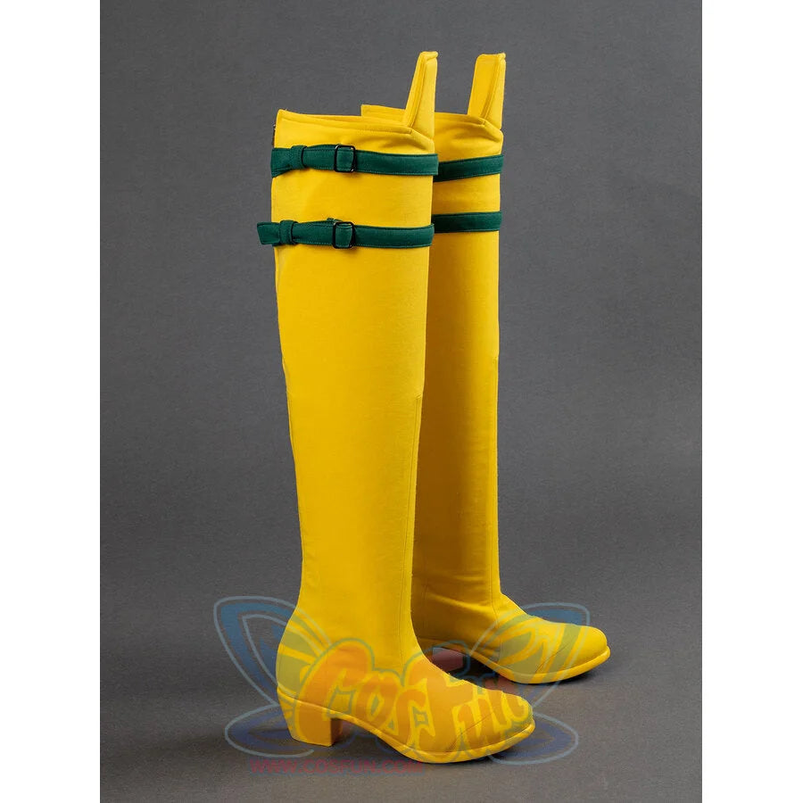 Yellow Rogue cosplay boots with green buckle straps shown from the back angle, displaying the heel