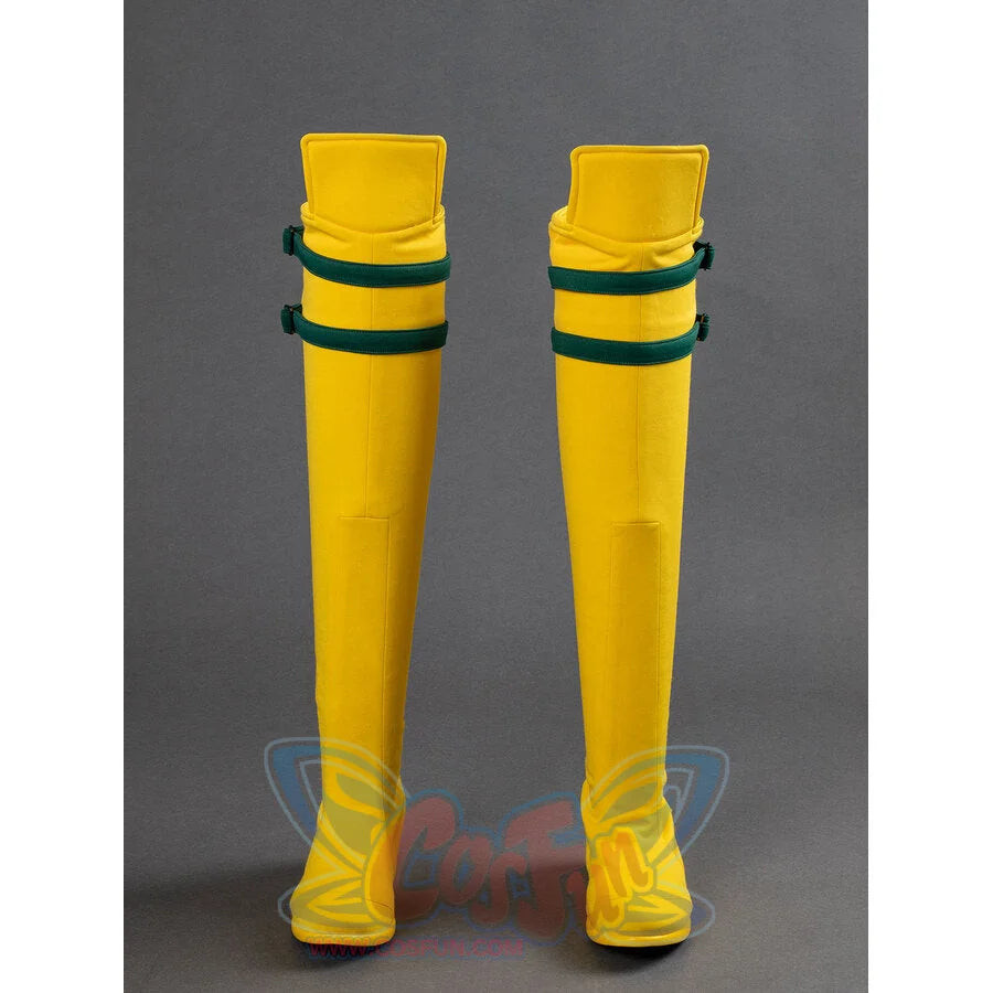 Yellow knee-high Rogue cosplay boots with green straps displayed on a white background, front view