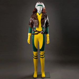 COSFUN Comic Rogue Anna Marie cosplay costume layers a brown jacket over a yellow-green bodysuit with belt harness.