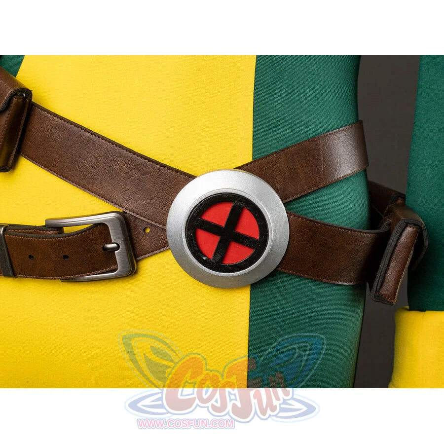 Rogue cosplay extreme closeup of X-Men logo belt buckle on yellow and green bodysuit