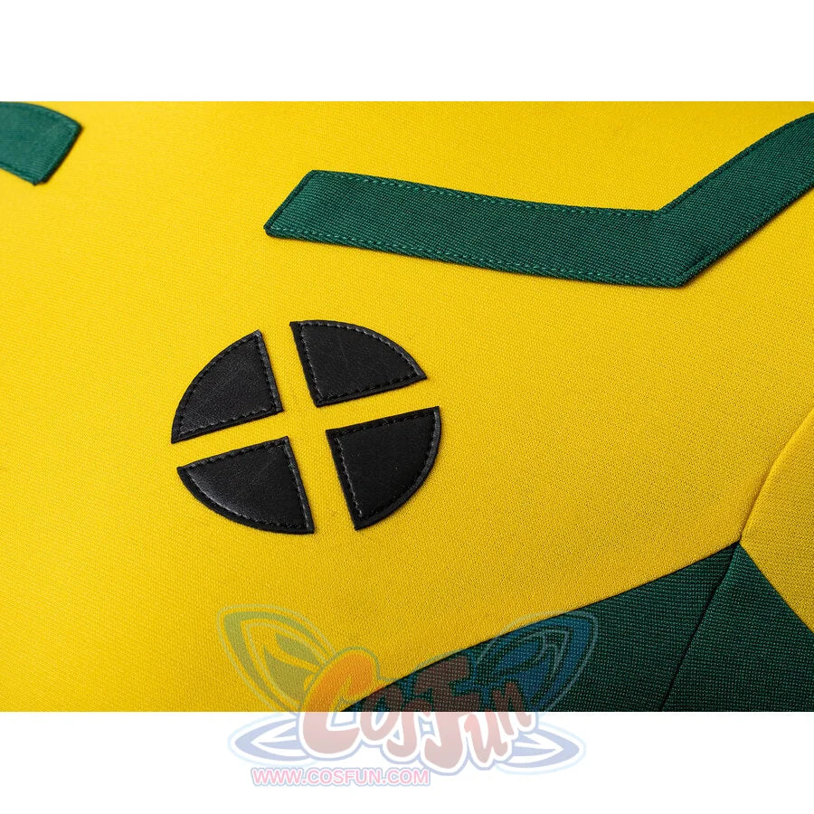 Rogue cosplay extreme closeup of X-Men logo on yellow bodysuit with green collar trim detail