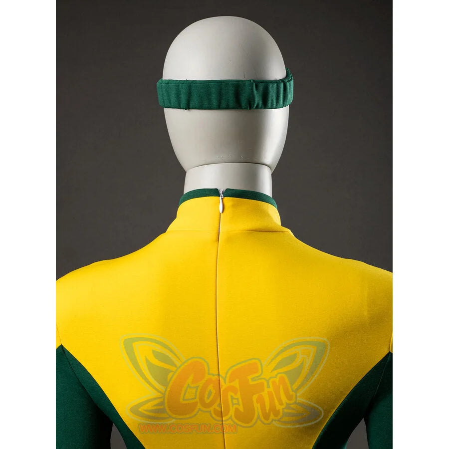 Comic Rogue Anna Marie cosplay bodysuit back traces a center zipper up a yellow-green suit with matching green headband.