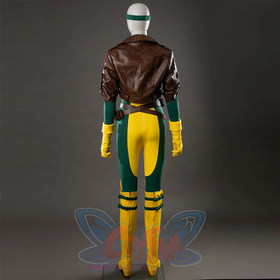 Comic Rogue Anna Marie cosplay back view balances a brown jacket over a green-yellow bodysuit with knee-high boots.