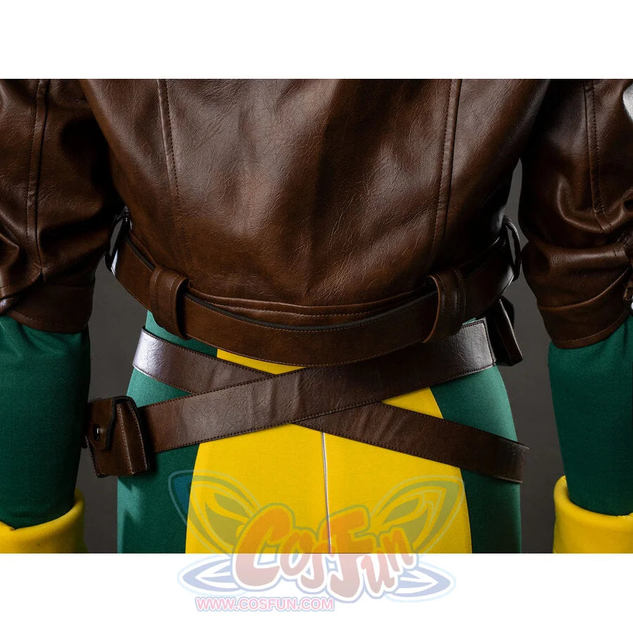 Rogue cosplay back detail of brown leather jacket, belt with pouches, and yellow-green bodysuit