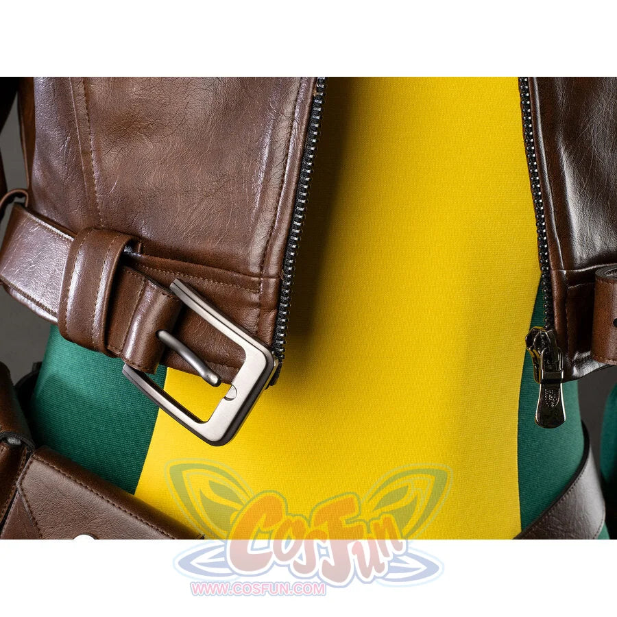 Rogue cosplay waist detail showing brown leather jacket, belt buckle, and yellow-green bodysuit