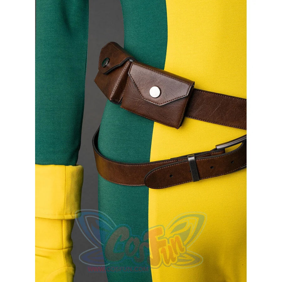 Rogue cosplay brown leather belt pouch closeup on yellow and green bodysuit with yellow glove