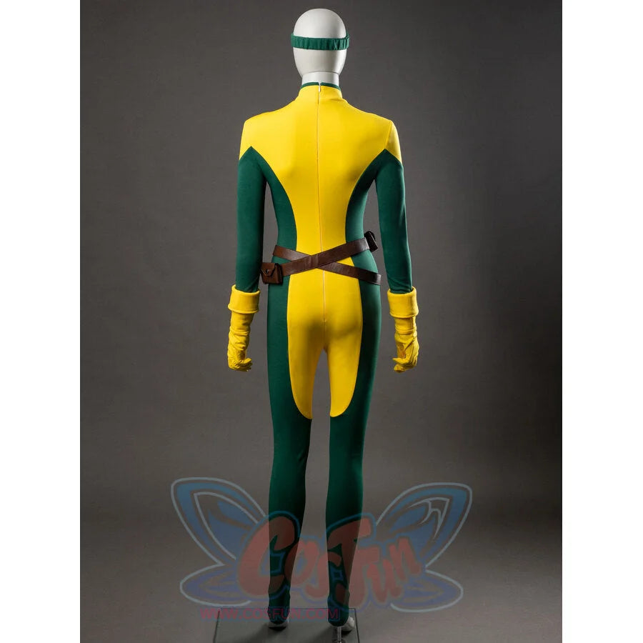 Rogue cosplay back view of yellow and green bodysuit with belt and yellow gloves, no jacket