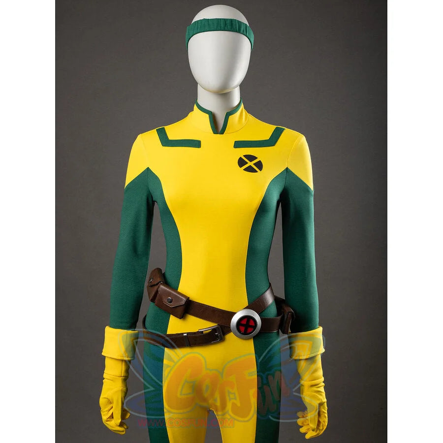 Comic Rogue Anna Marie cosplay costume pairs a brown utility belt and green headband with a full yellow-green bodysuit.