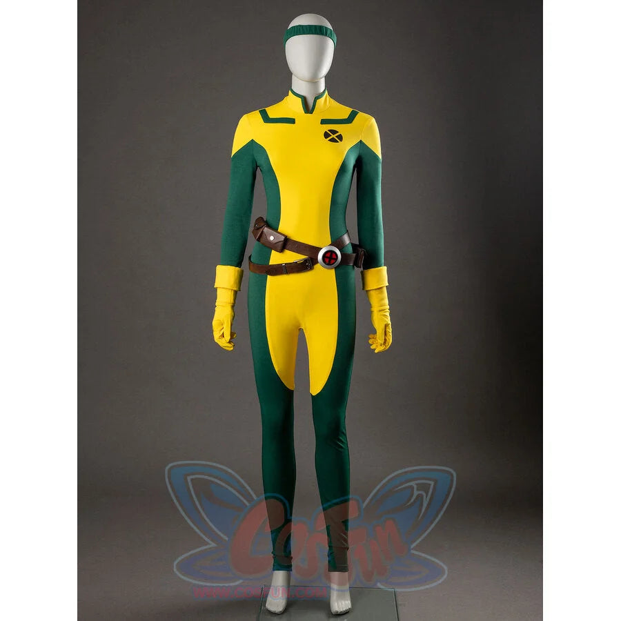 Comic Rogue Anna Marie cosplay costume centers a chest emblem buckle belt on a high-collar yellow-green bodysuit.