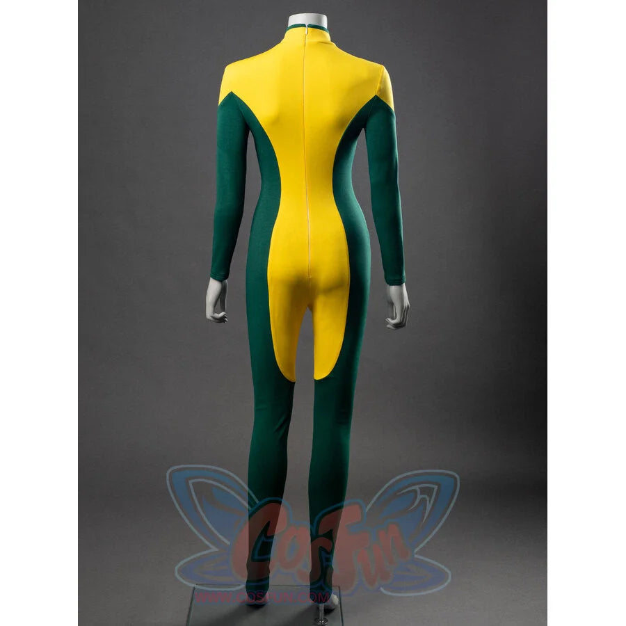 Rogue cosplay back view of yellow and green bodysuit, no gloves or jacket visible