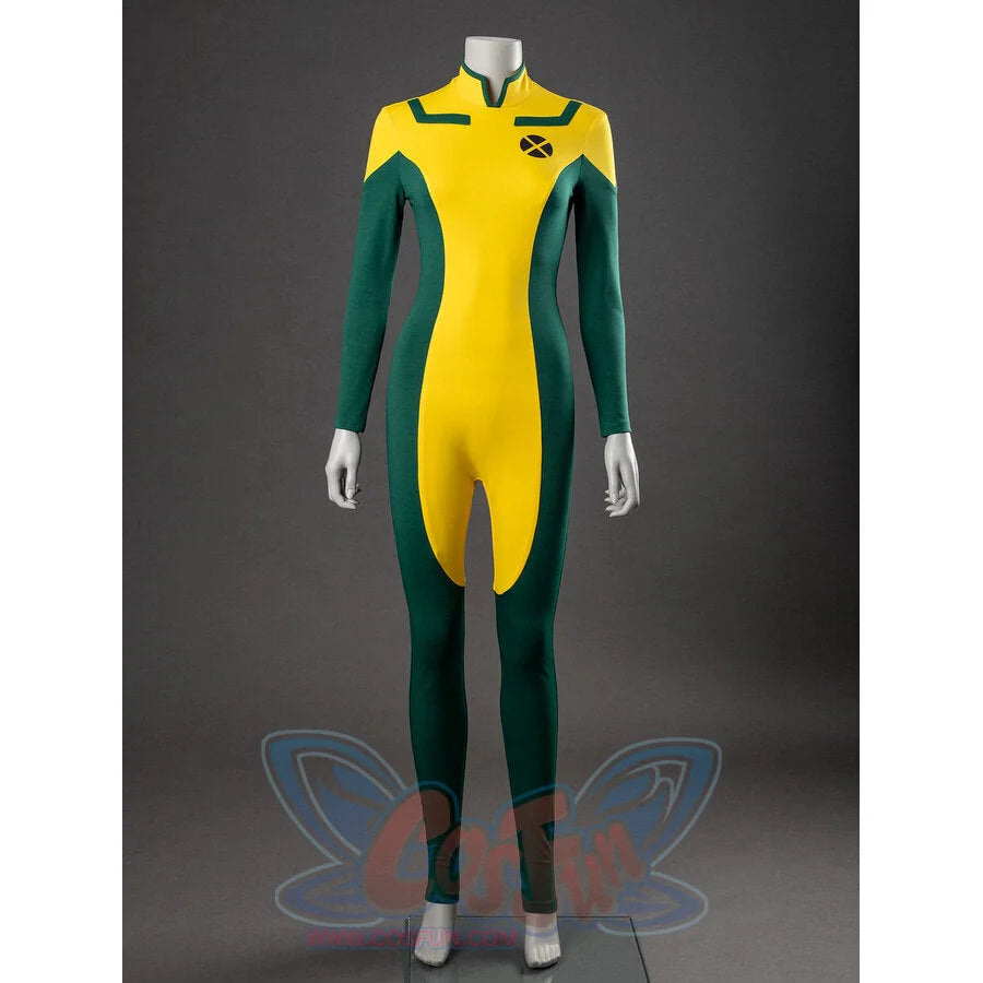 Rogue cosplay yellow and green bodysuit with X-Men logo, no gloves or jacket, front view