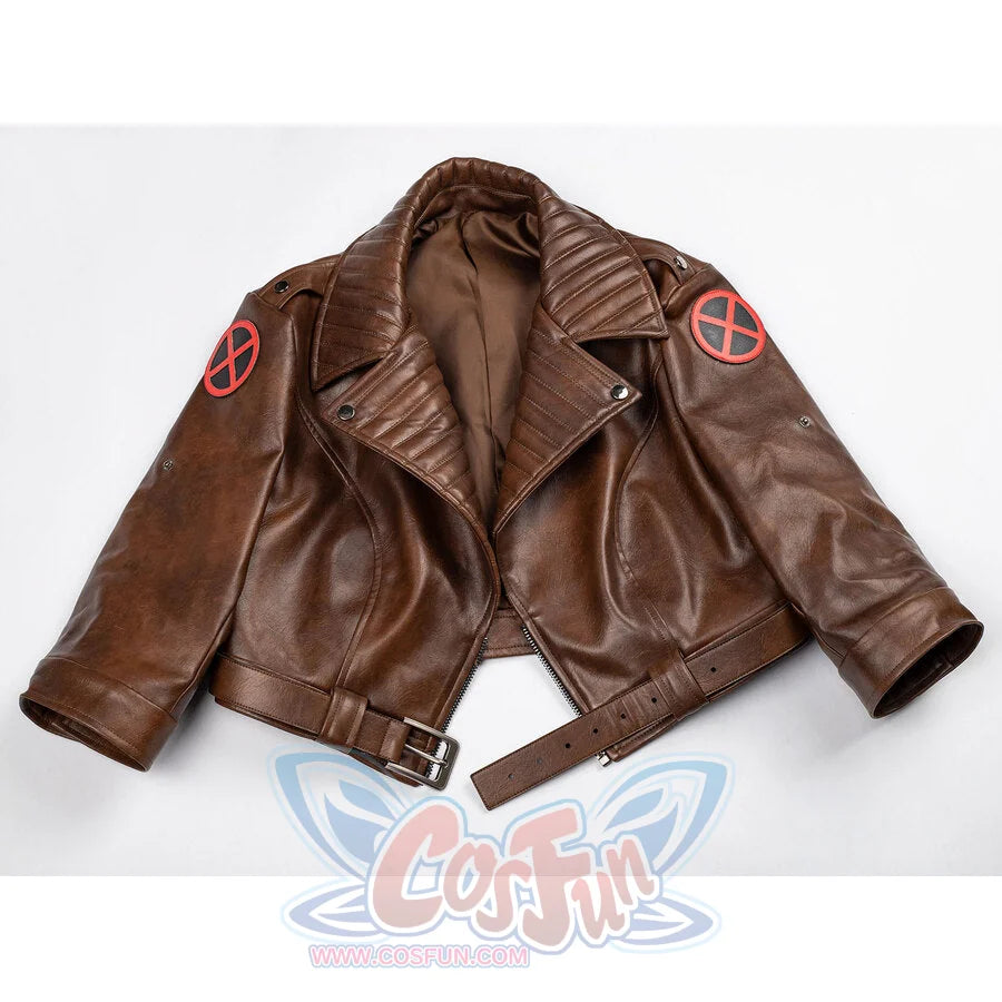 Rogue cosplay brown leather jacket laid flat with X-Men logo patches and buckle belt detail