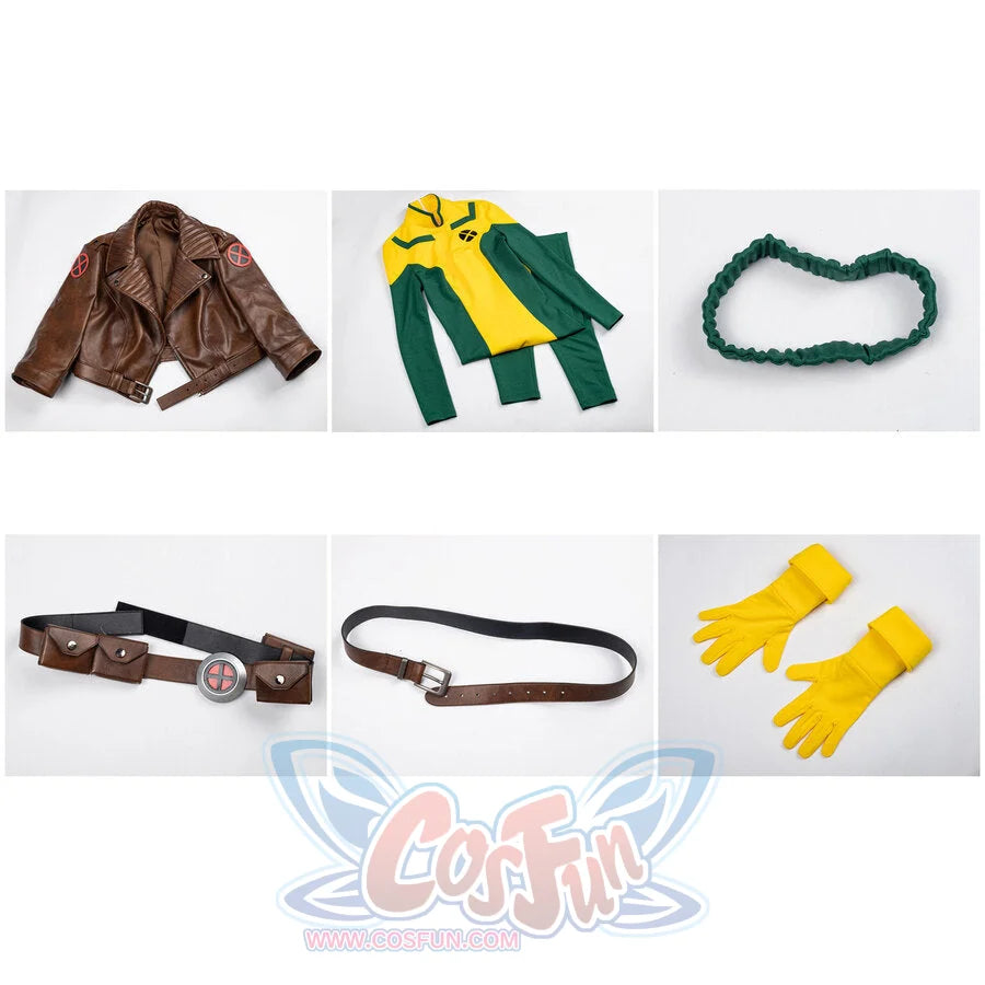 Rogue cosplay complete costume set flat lay with all pieces and accessories organized display