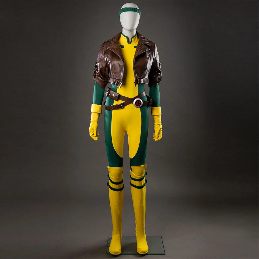Full body Rogue cosplay costume with yellow bodysuit, brown leather jacket, green accents, belt and boots