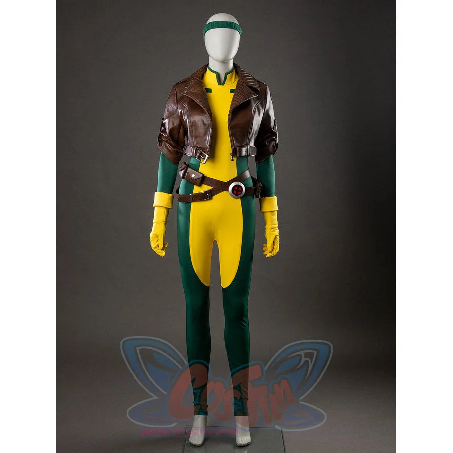 Rogue cosplay full view with yellow and green bodysuit, brown leather jacket, belt, and gloves