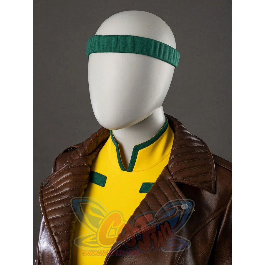 Rogue cosplay closeup showing green headband, yellow bodysuit collar, brown leather jacket shoulder