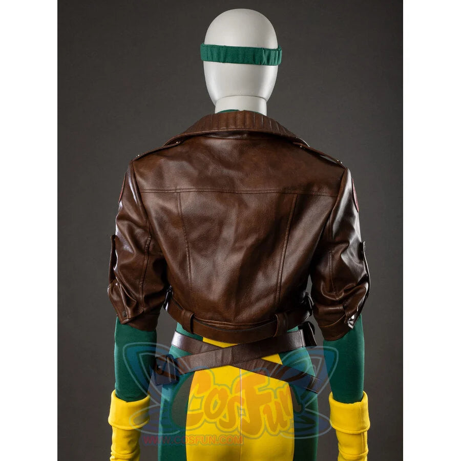 Rogue cosplay back view of brown leather jacket with belt, yellow gloves, and green bodysuit pants
