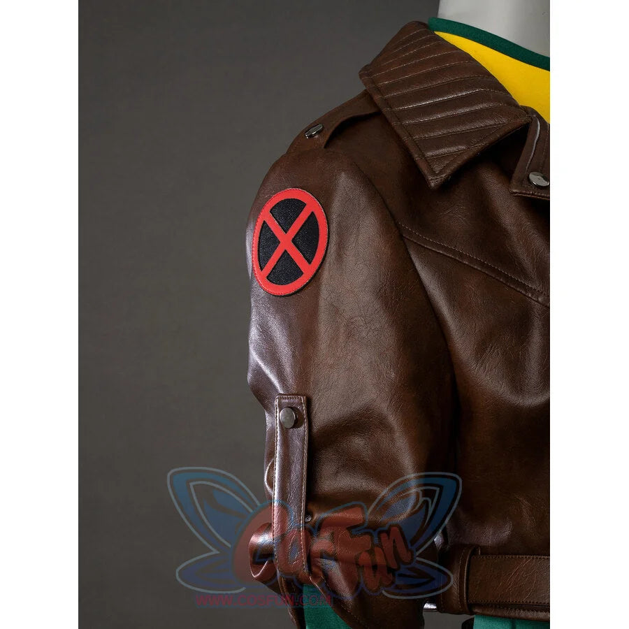 Rogue cosplay brown leather jacket sleeve closeup showing X-Men logo red patch detail
