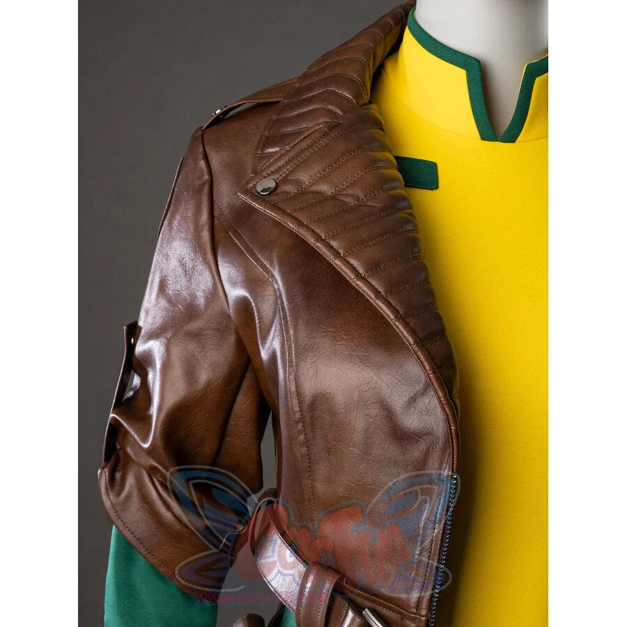 Rogue cosplay detailed closeup of brown leather jacket texture and stitching with yellow bodysuit