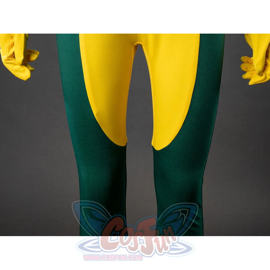 Comic Rogue Anna Marie cosplay bodysuit sets individual-fingerstall yellow gloves against a green-yellow full-body suit.
